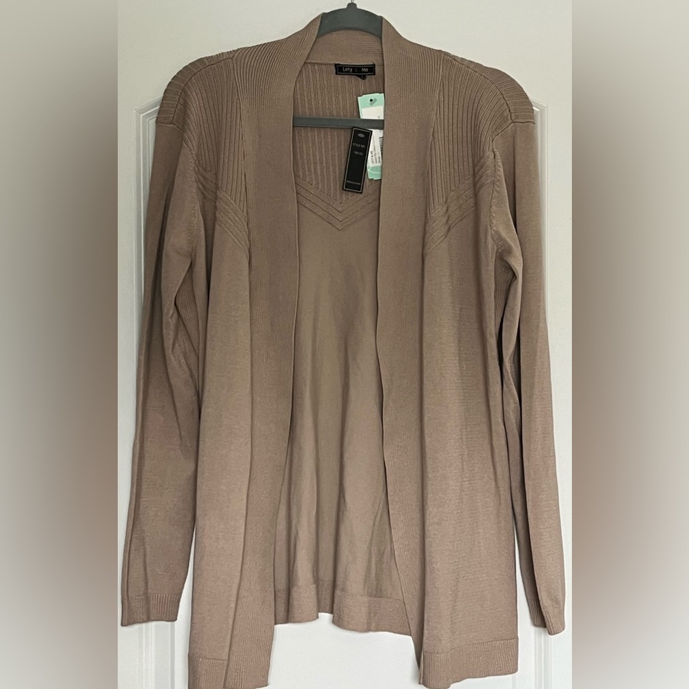 Lefty and Me Abiel Open Front Cardigan Layering Shrug Beige Rib Detail Soft Sz L